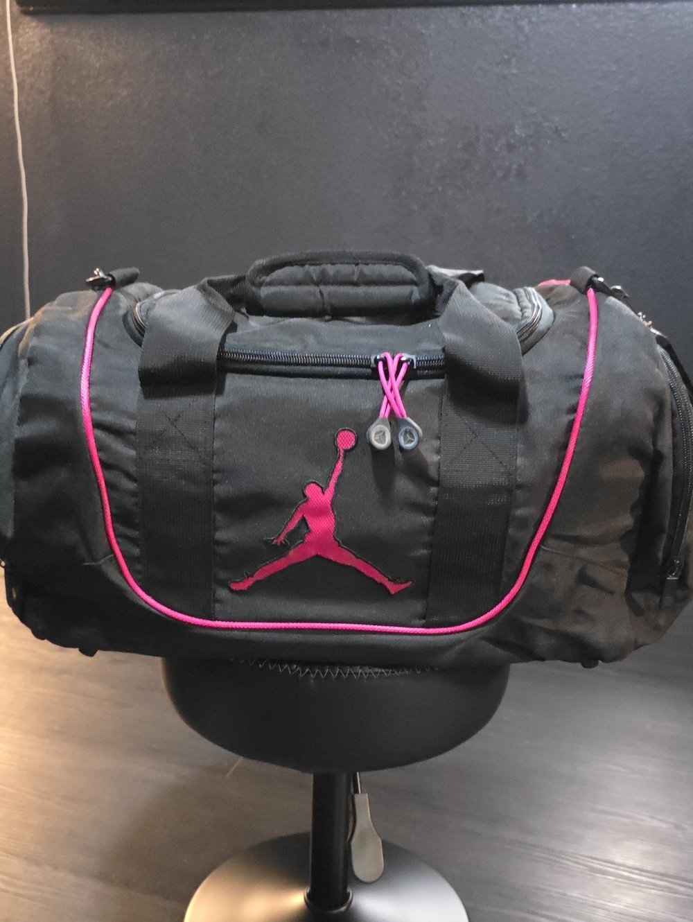 Jordan Black Duffel Bag with Pink Trim and Jumpman Logo